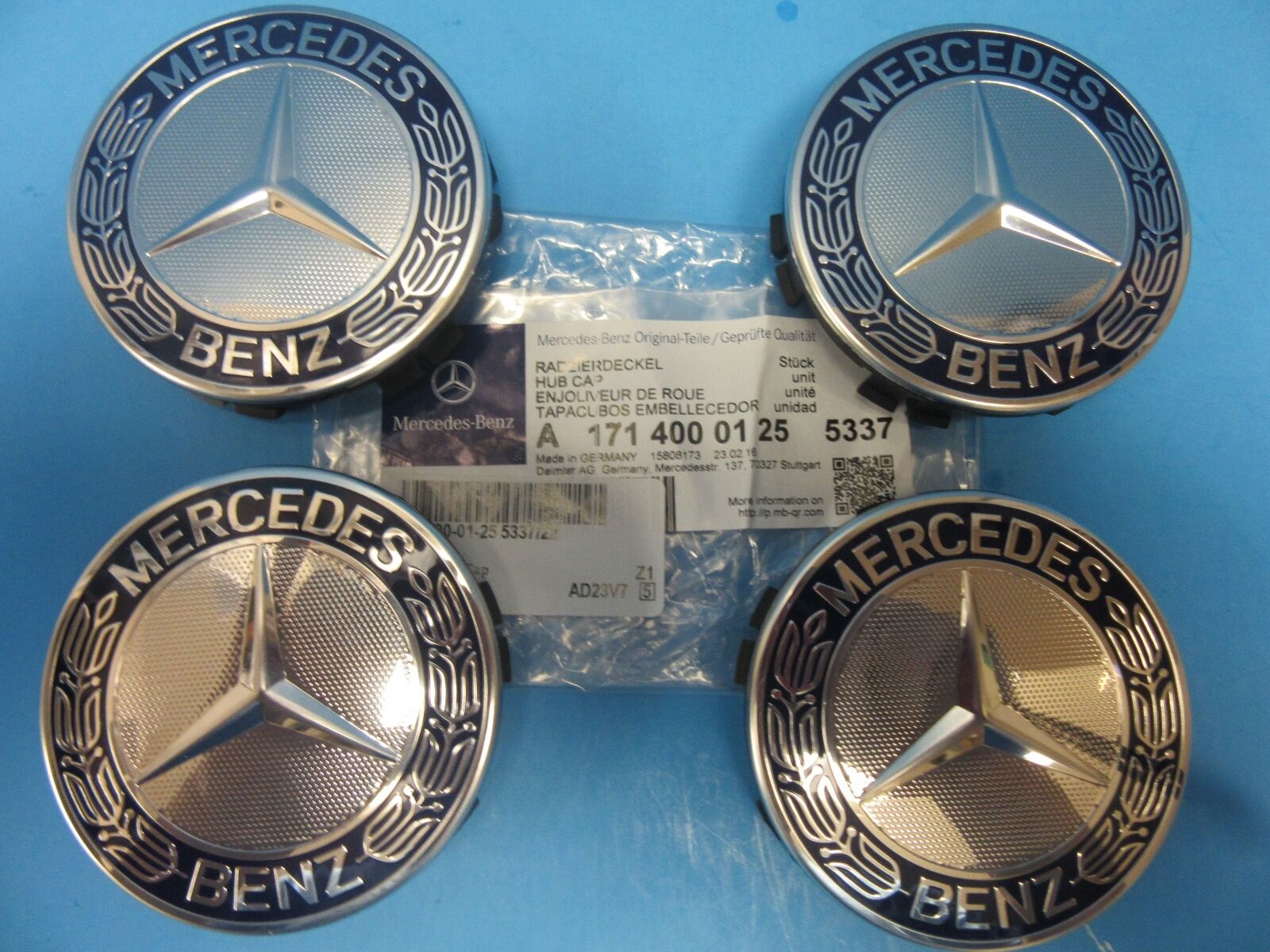 4 Wheel Hub Cap W. Mercedes Benz Emblem OEM # 1714000125 Alloy Wheel Royal Blue