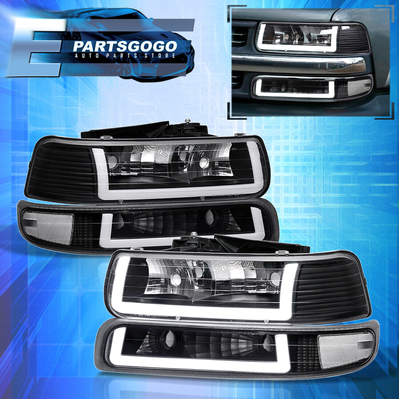 For 99-02 Chevy Silverado Tahoe LED DRL Black Headlights + Bumper Signal Lamps
