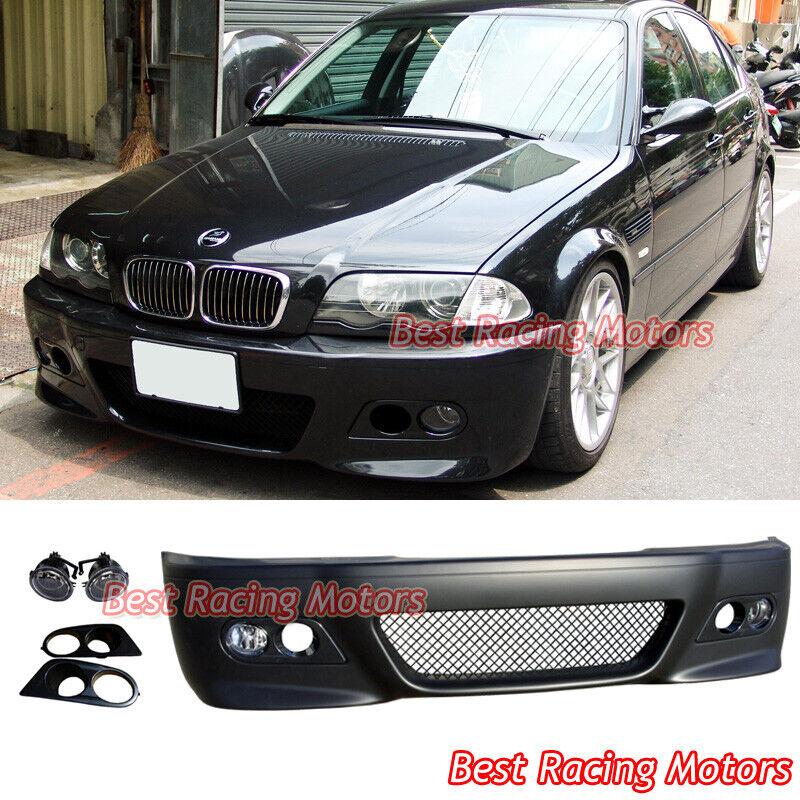 For BMW E46 4dr 3-Series M3 Style Front Bumper + Glass Fog + Dual Hole Covers