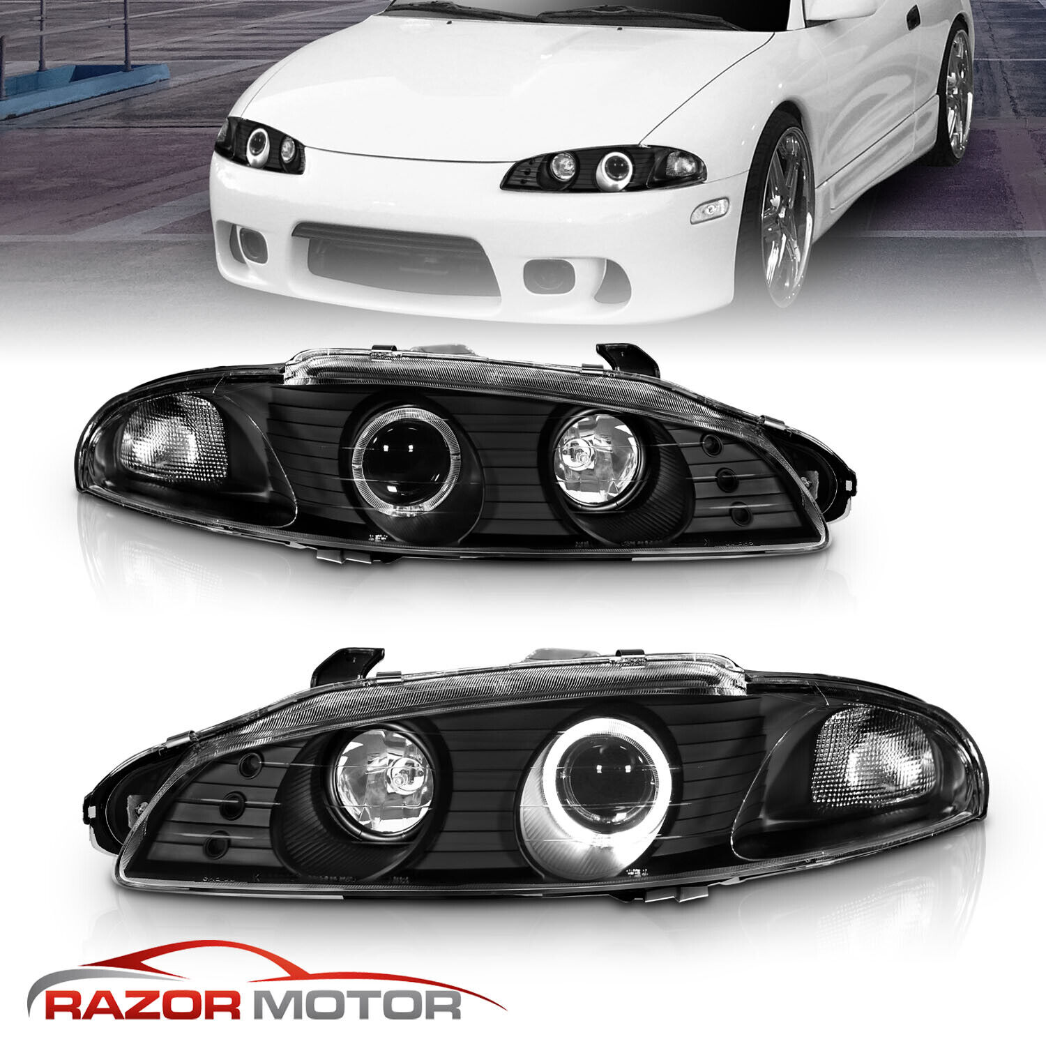 [LED Halo] 1997 1998 1999 Fit Mitsubishi Eclipse Black Projector Headlights Pair