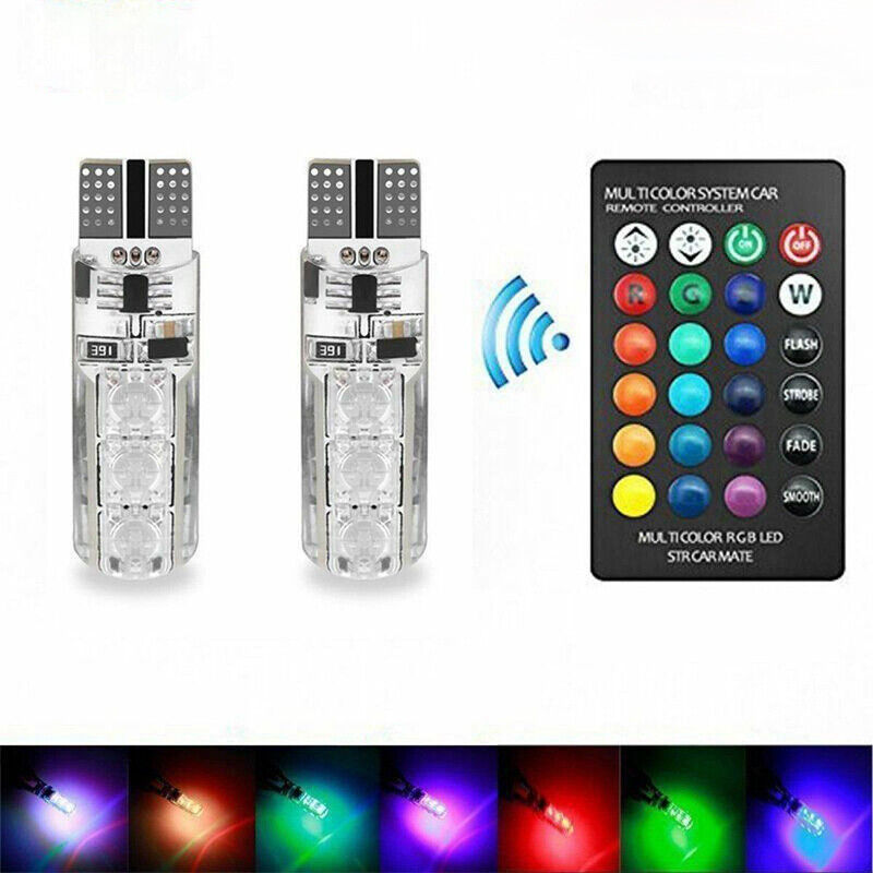 2x T10 5050 RGB Multi-color LED Bulb Interior Wedge Side Light Strobe Remote