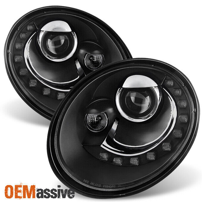 Fits 2006-2010 VW Beetle Black DRL LED Projector Headlights Head Lamps