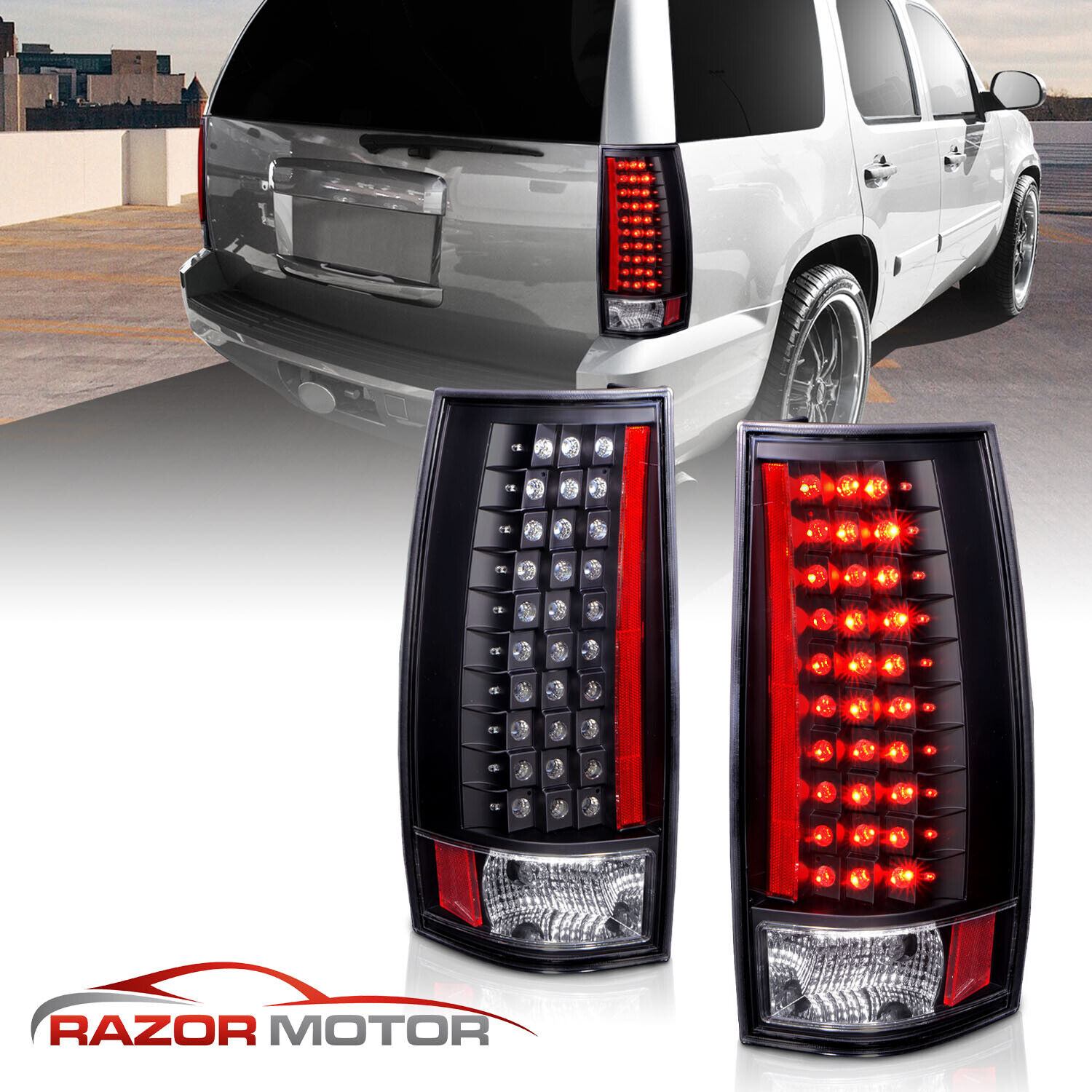 For 2007-2014 Chevy Suburban Tahoe GMC Yukon Black Metal LED Tail Lights Pair
