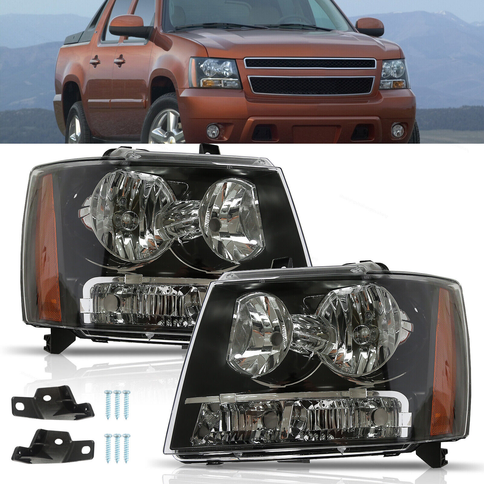 Fit for 07 08-2014 Chevy Avalanche Suburban Tahoe Halogen Headlights LH + RH