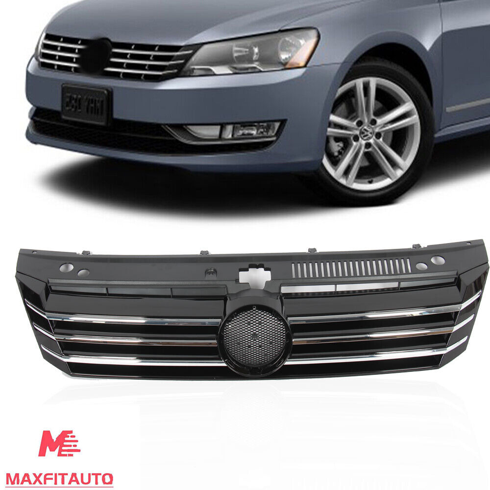 Fits Volkswagen Passat  2012-2015 Front Upper Grille Black W/Chrome Trim Molding