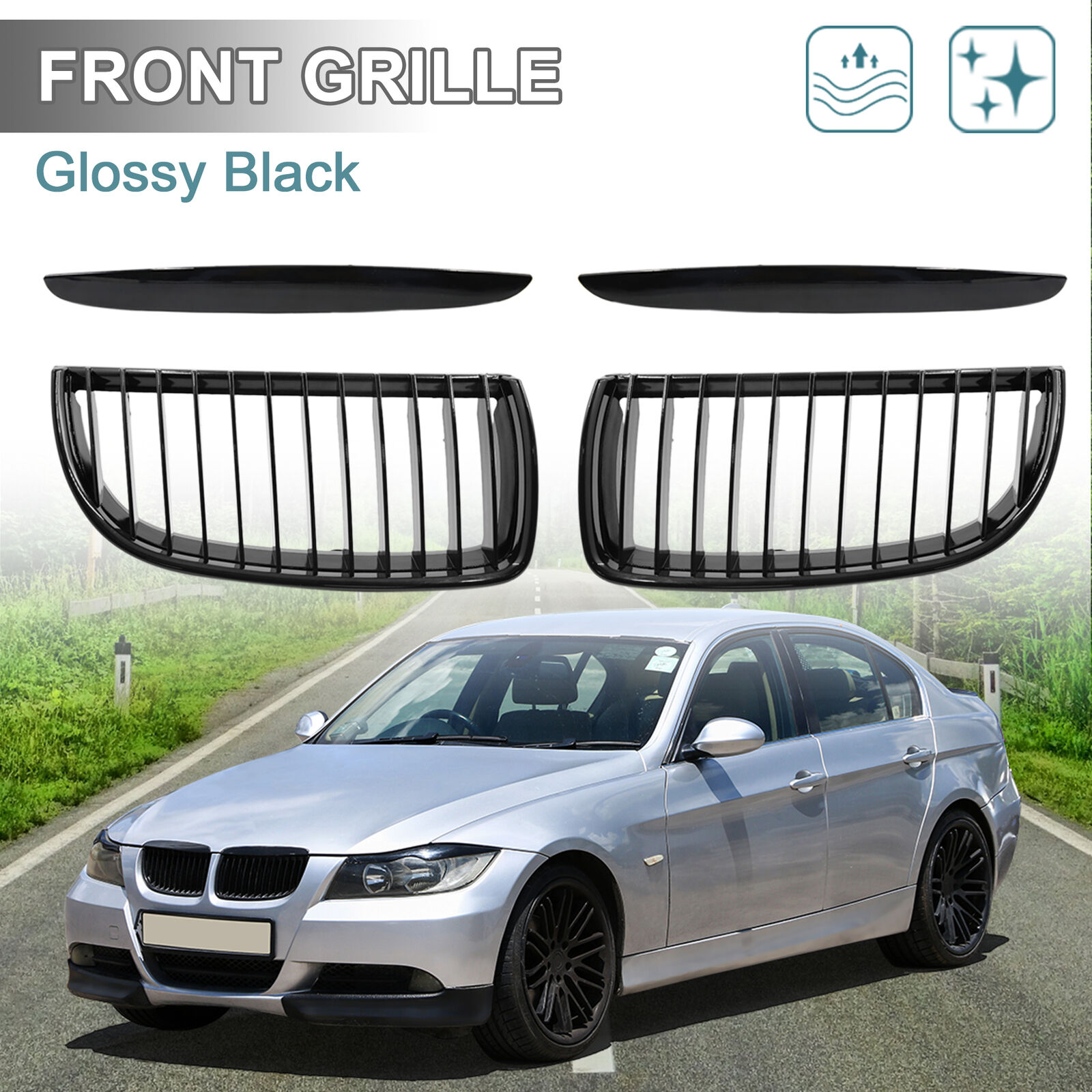Glossy Black Front Bumper Kidney Grill Grille for BMW E90 07-2008