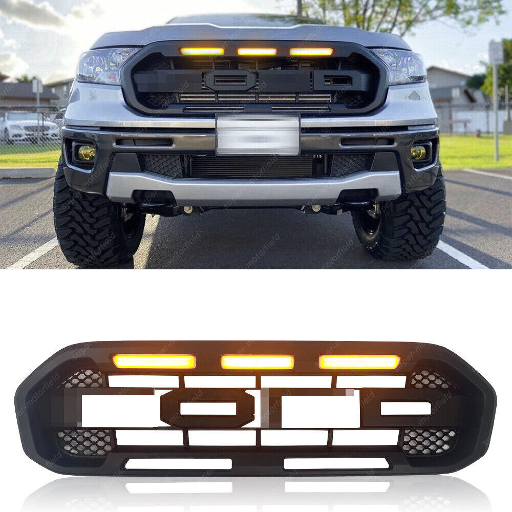For 2019-2023 Ford Ranger Grille Raptor Style Look Matt Black Grill W/ LED Light