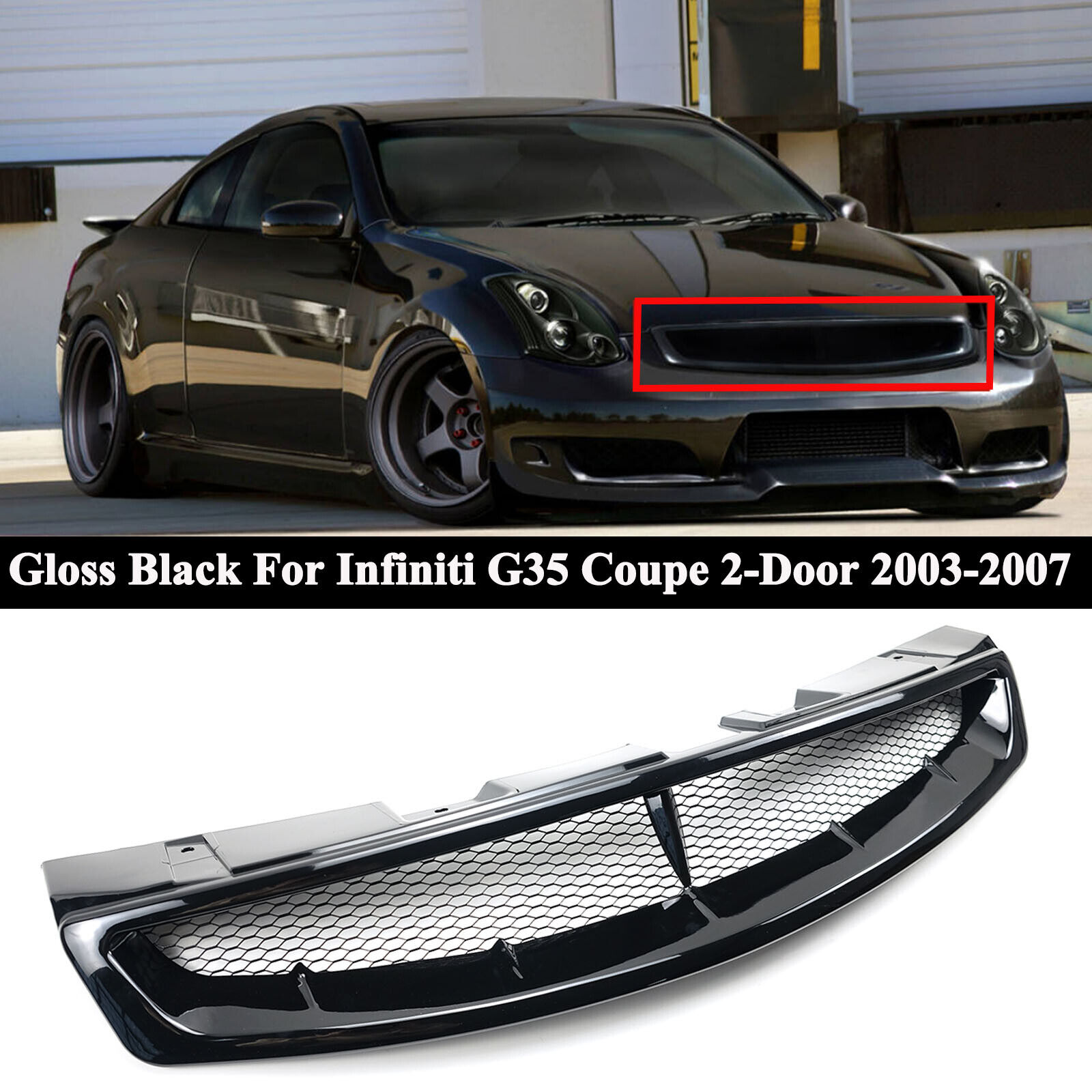 For Infiniti G35 Coupe 2-Door 03-2007 Glossy Black Front Bumper Hood Mesh Grille