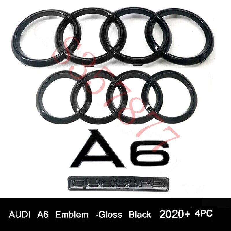 For Audi A6 Emblem Gloss Black Front Rear Rings Quattro Trunk Badge Set OE 4PC
