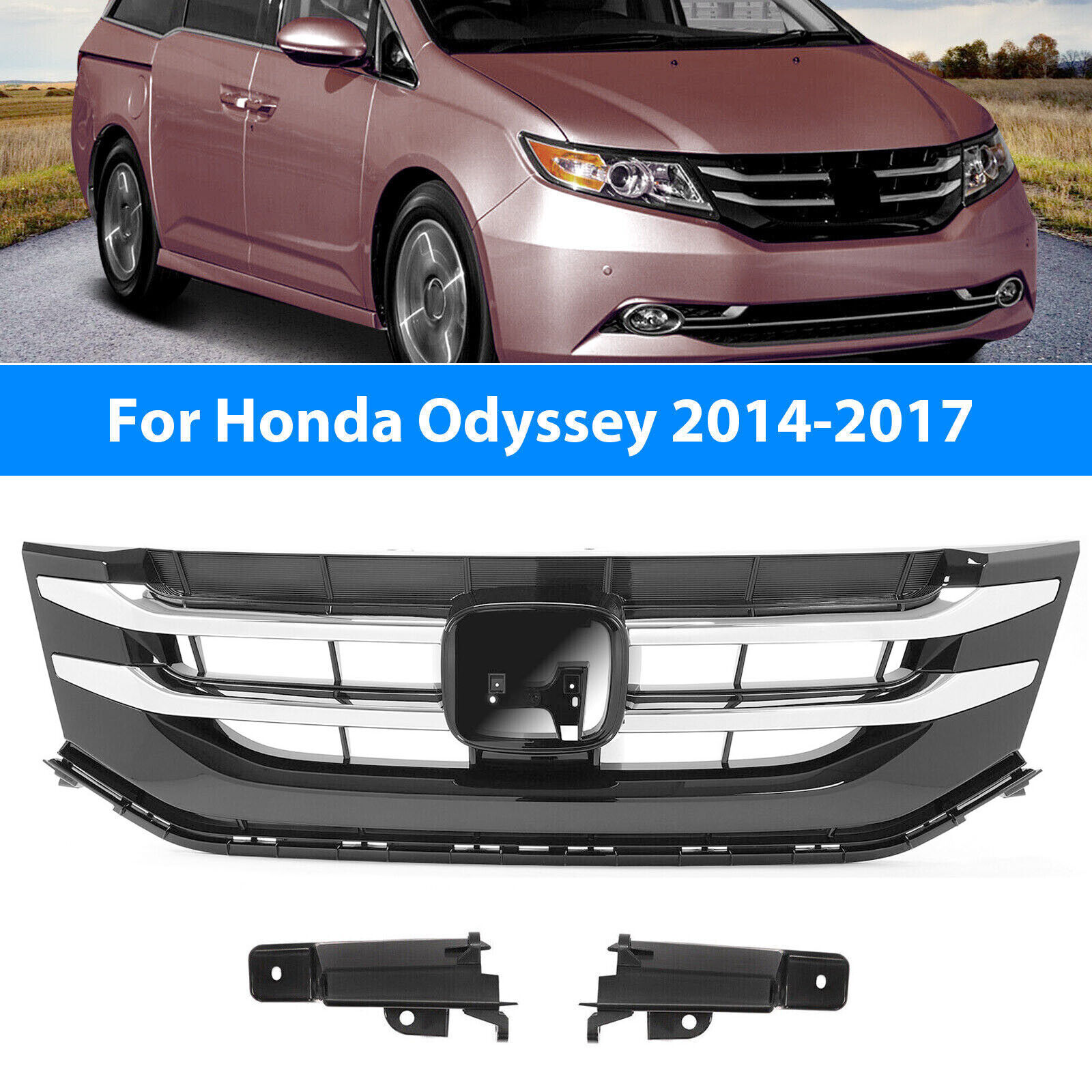 For 2014-17 Honda Odyssey 75101TK8A22 Front Upper Grille Chrome Trim Black Grill
