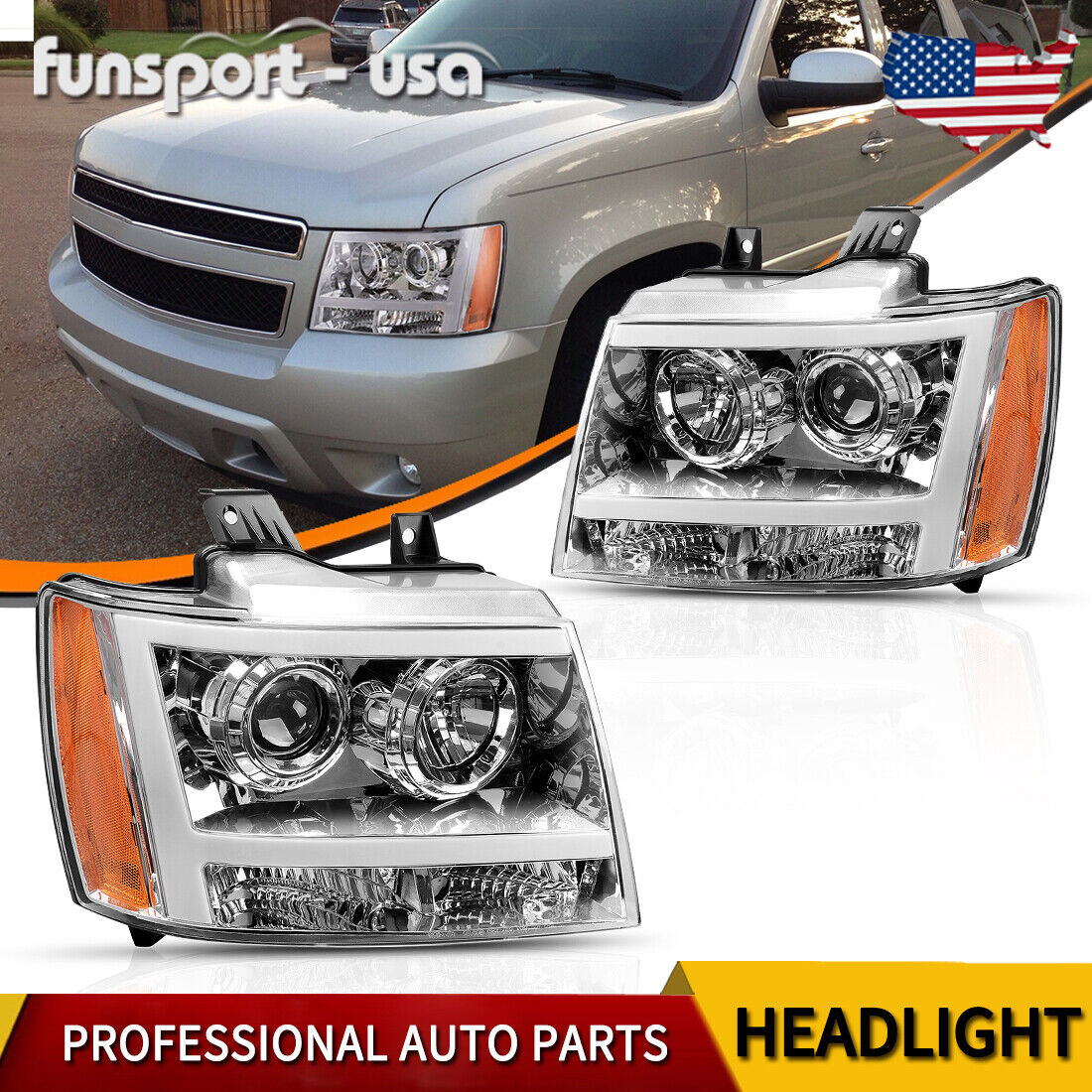 LED Tube DRL Projector Headlights For 2007-2014 Chevy Tahoe Suburban Avalanche
