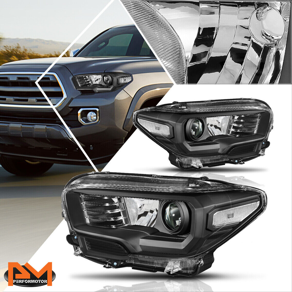 For 16-20 Tacoma Projector Headlight/Lamps Replacement Black Housing Clear Side