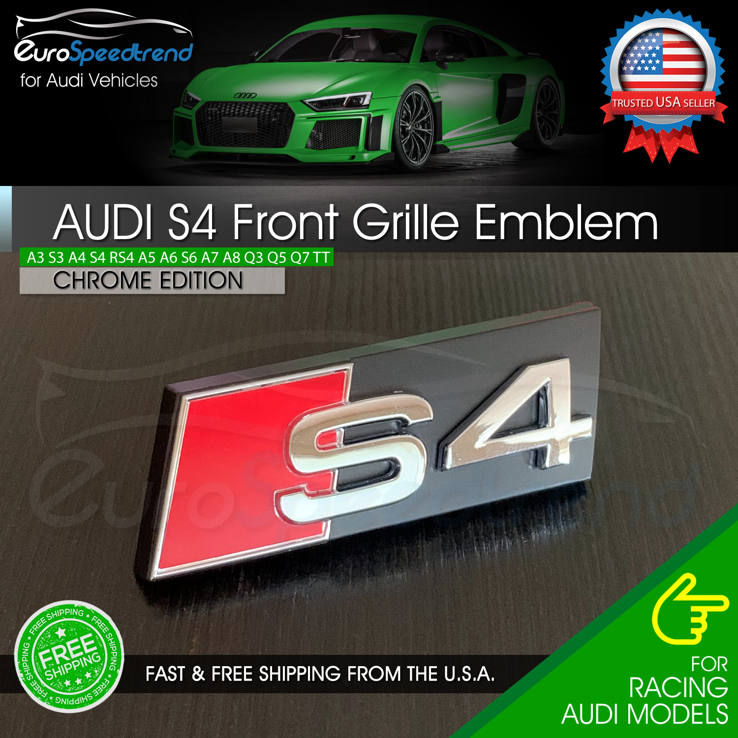 Audi S4 Front Grill Chrome Emblem fit A4 S4 B8 B9 Hood Grille Badge OE