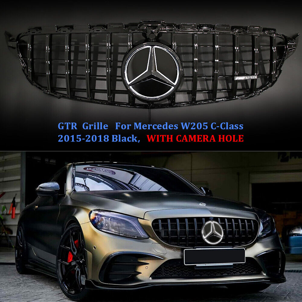 Black GTR Grille W/LED Emblem For Mercedes Benz W205 2015-2018 C200 C300 C350
