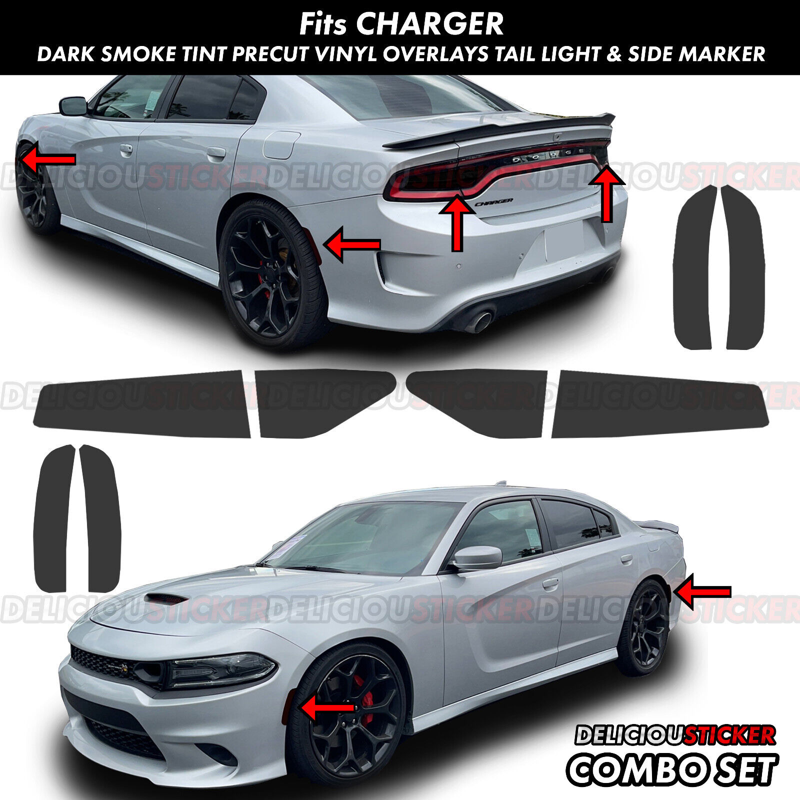 For 15-23 CHARGER Tail Light & Side Marker Decal SMOKE Overlay PreCut Tint Vinyl