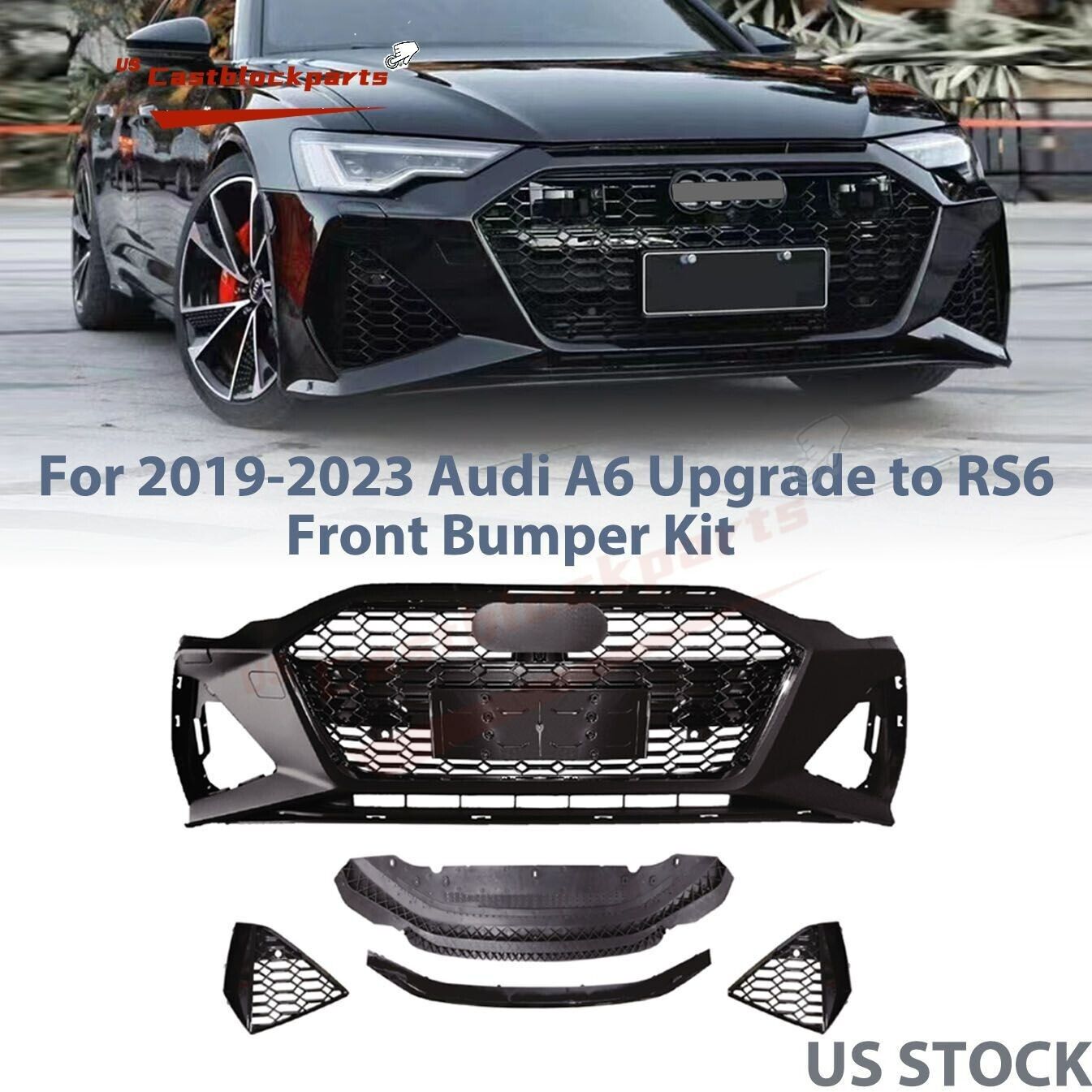 RS6 Style For 2019-2023 Audi A6 Facelift Front Bumper Kit Assembly+Grille