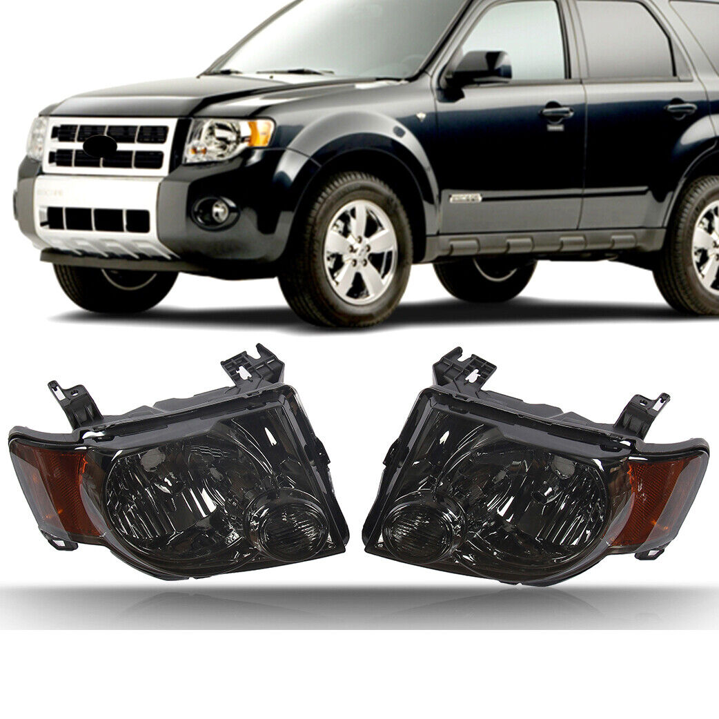 Headlights Headlamps Chrome Housing Smoke Lens Pair Fits 08-12 Ford Escape