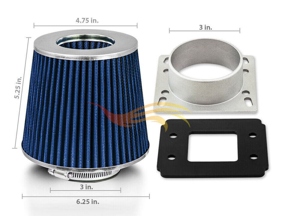 BLUE Cone Dry Filter + AIR INTAKE MAF Adapter Kit For 90-97 Miata MX5 1.6L 1.8L