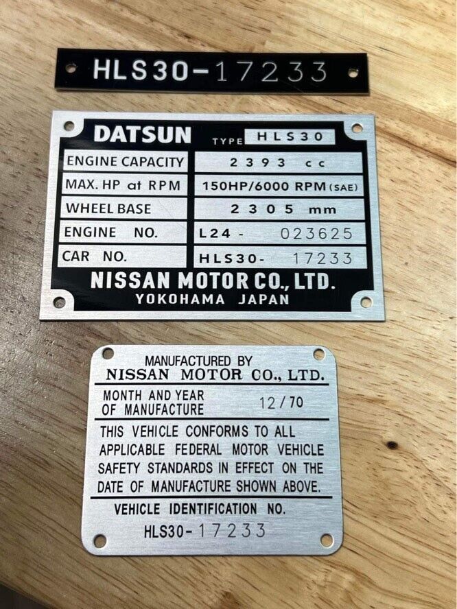 Datsun 240Z 260Z 280Z 510 Chassis, Door Jamb & Windshield Custom Repro Plates