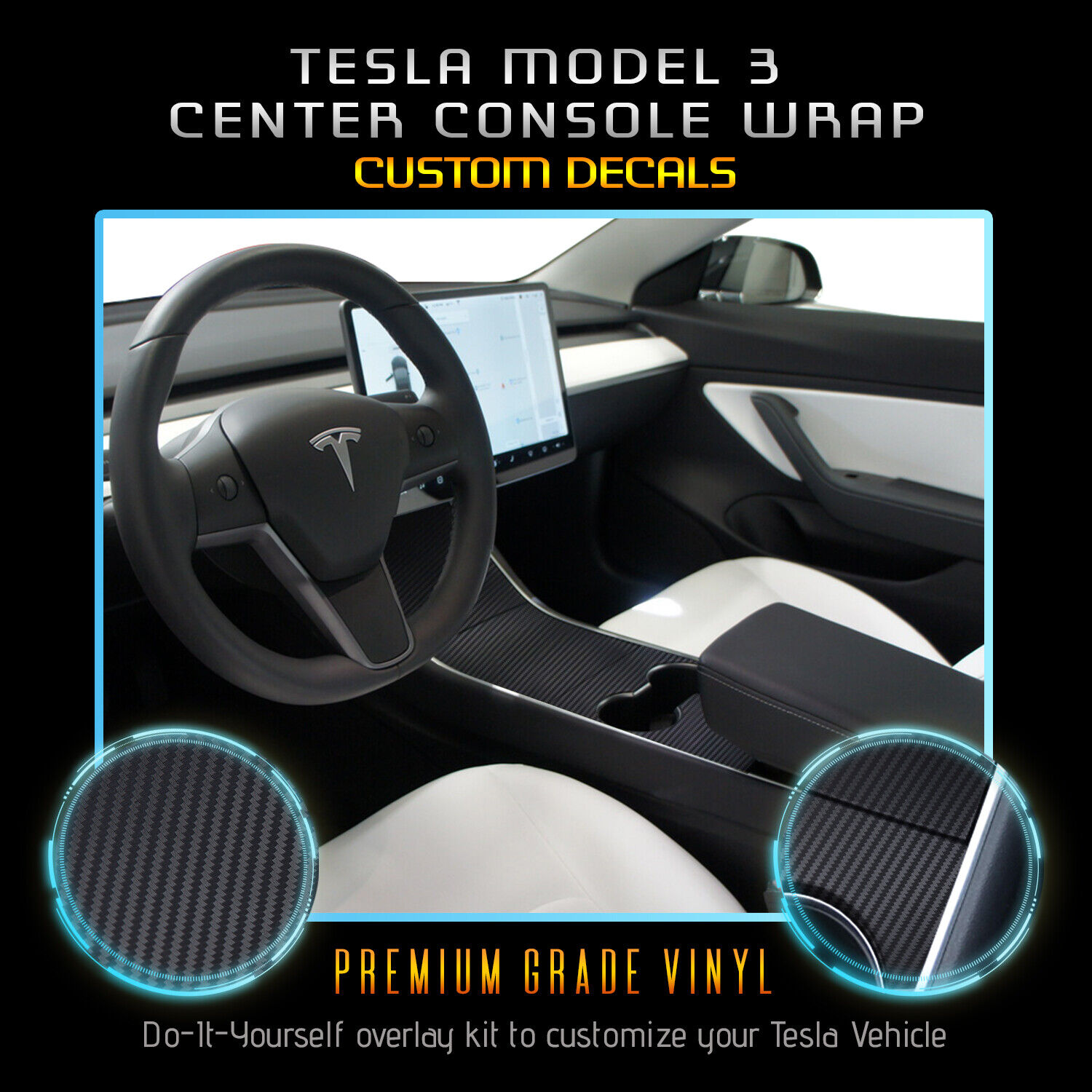 For Tesla Model 3 Center Console Cup Holder Vinyl Wrap Kit - Matte Carbon Fiber
