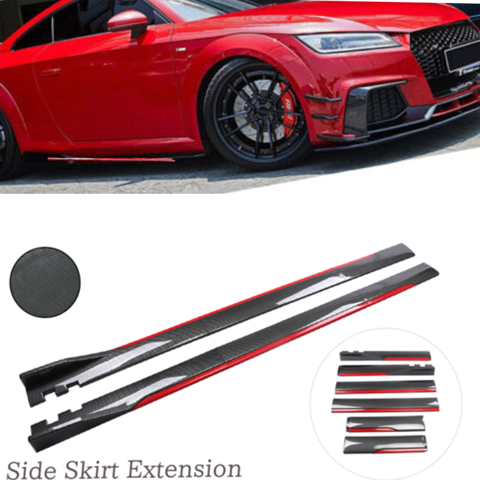 For Audi TT RS 8J 8N Carbon Fiber + Red  Look Side Skirt Extension Spoiler