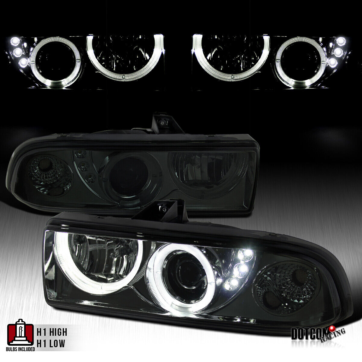 Fit 1998-2004 Chevy S10 Pickup Blazer Smoke LED Halo Projector Headlights Lamps