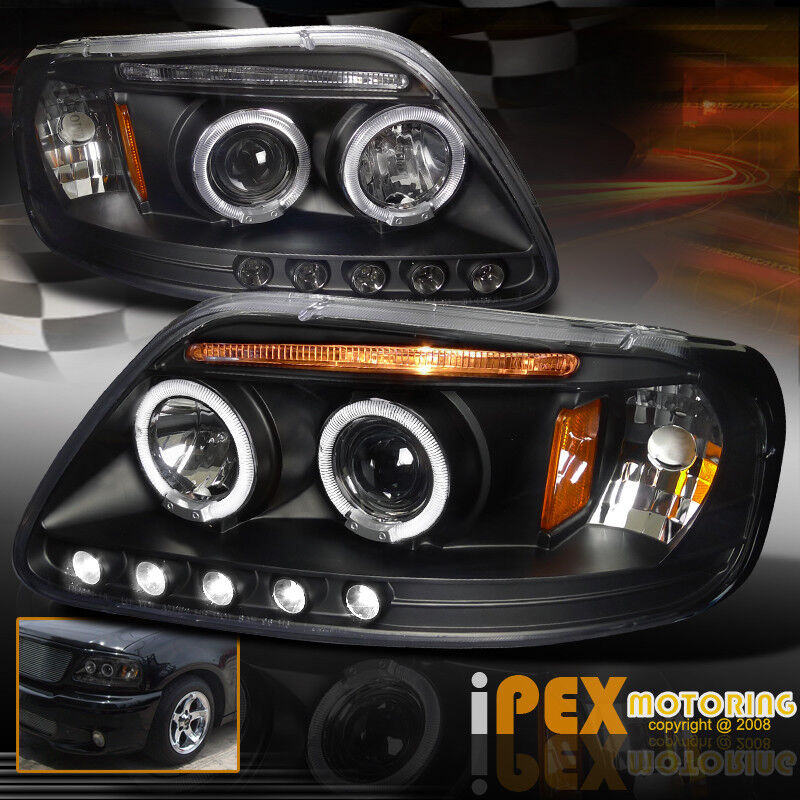 1997-2003 Ford F150 / 97-02 Expedition Dual Halo Projector LED Headlights Black