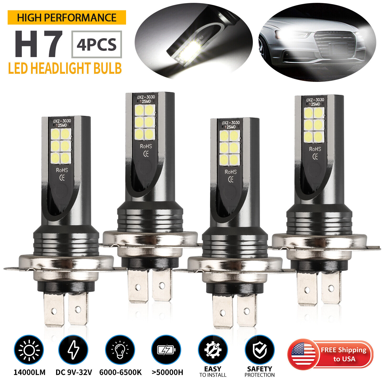4PCS H7 LED Fog Driving Light Bulbs Conversion Kit Super Bright DRL 6000K White