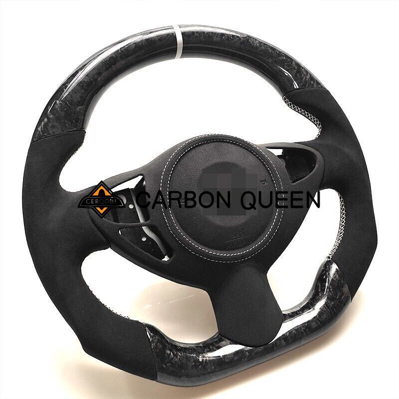 FORGED CARBON FIBER Steering Wheel FOR NISSAN 370Z Z34 BLACK LEATHER /WHITE LINE