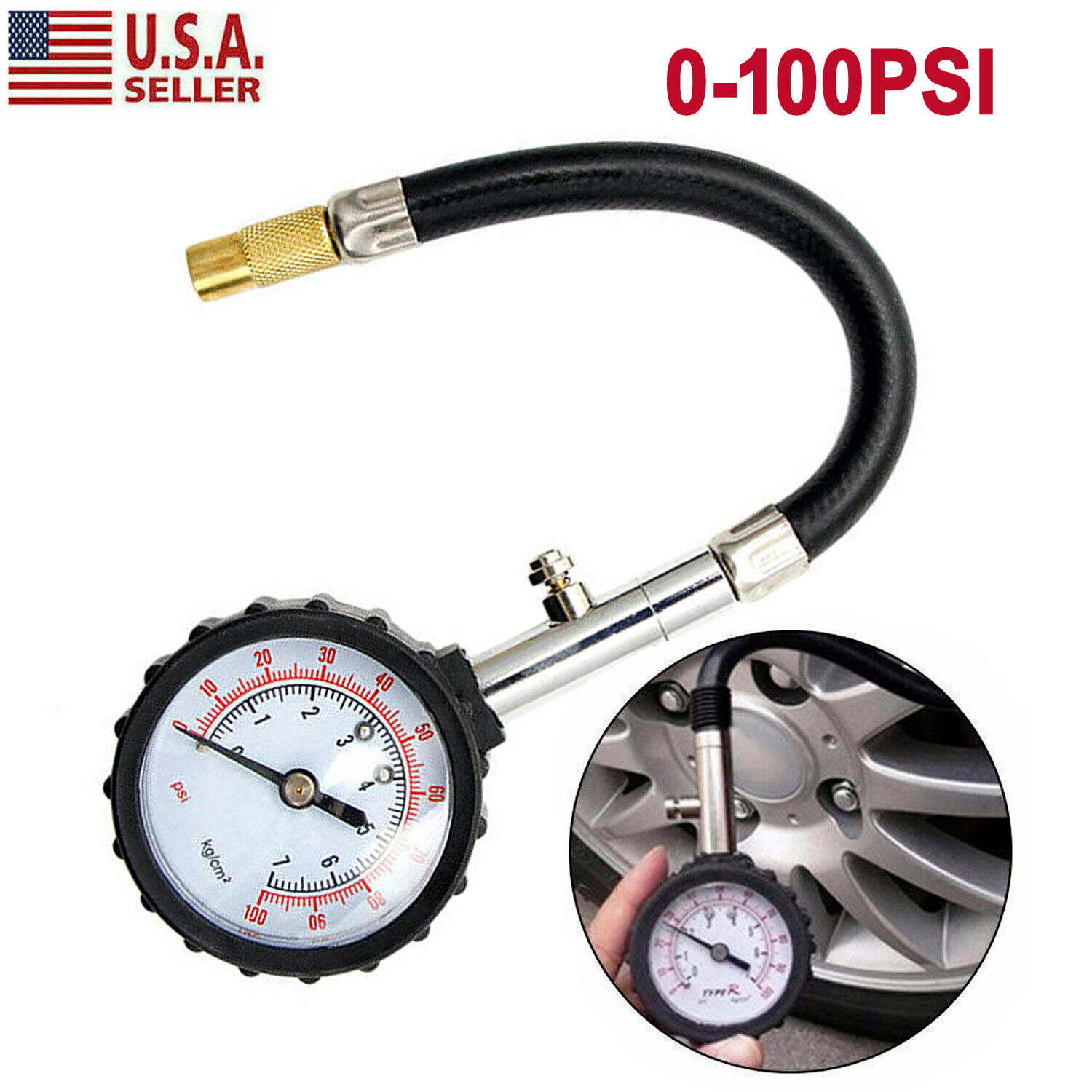 Motorcycle Tire Pressure Gauge 0-100 PSI Tire Gauge with Flexible Air Chuck