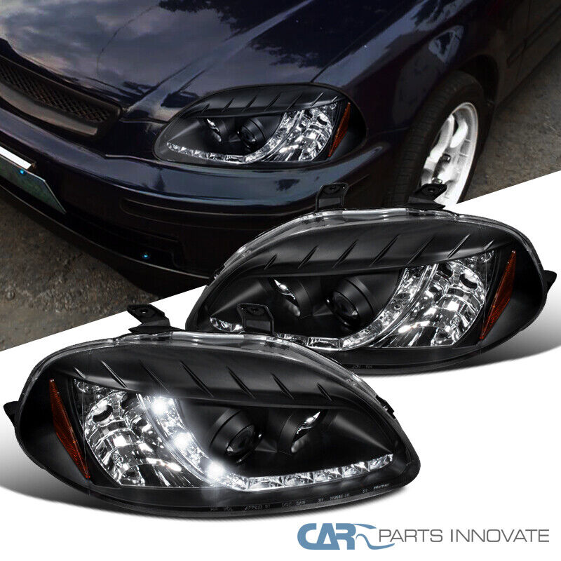 For Honda 96-98 Civic 2/3/4Dr Black Projector Headlights Head Lamps w/ LED DRL