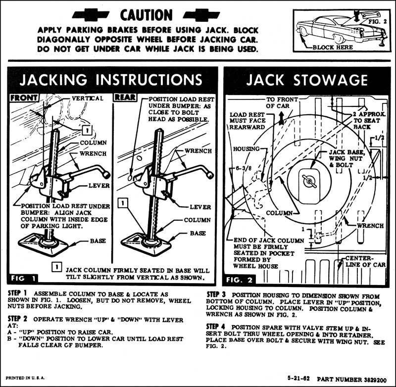 62 Chevy Impala Bel Air Biscayne Spare Tire & Jacking Instructions 1962
