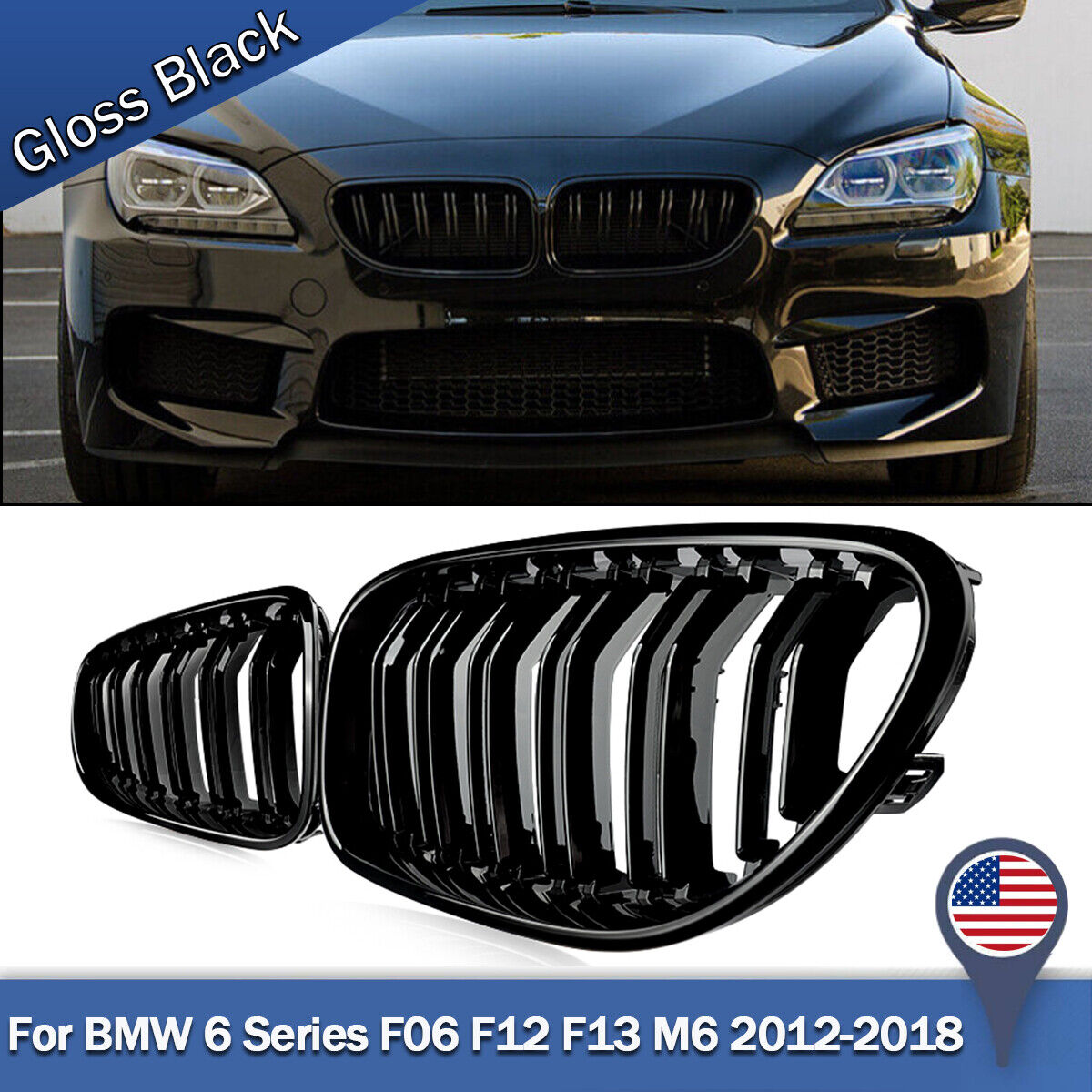 1Pair For 2012-18 BMW M6 F06 F12 F13 640i 650i Gloss Black Front Kidney Grilles