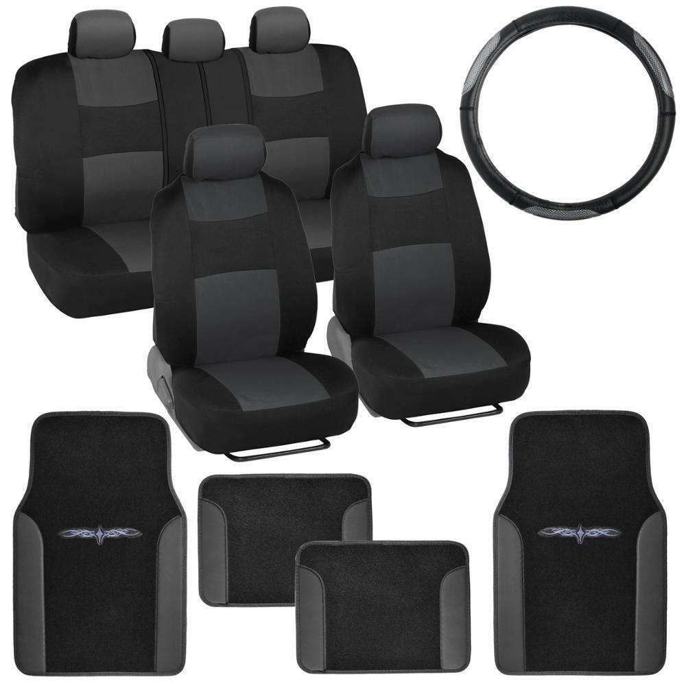 14 Pc Car Seat Covers Set Black & Charcoal w/ PU Leather Trim Carpet Floor Mats