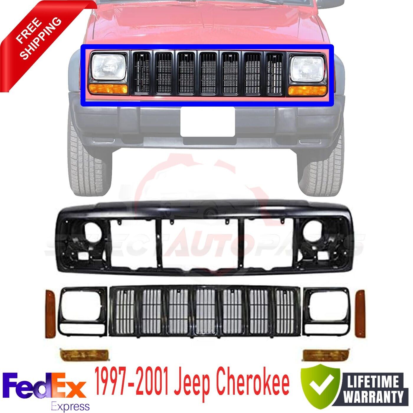 For 97-01 Jeep Cherokee Front Grille Header Panel Headlight Door Park/Marker 8Pc