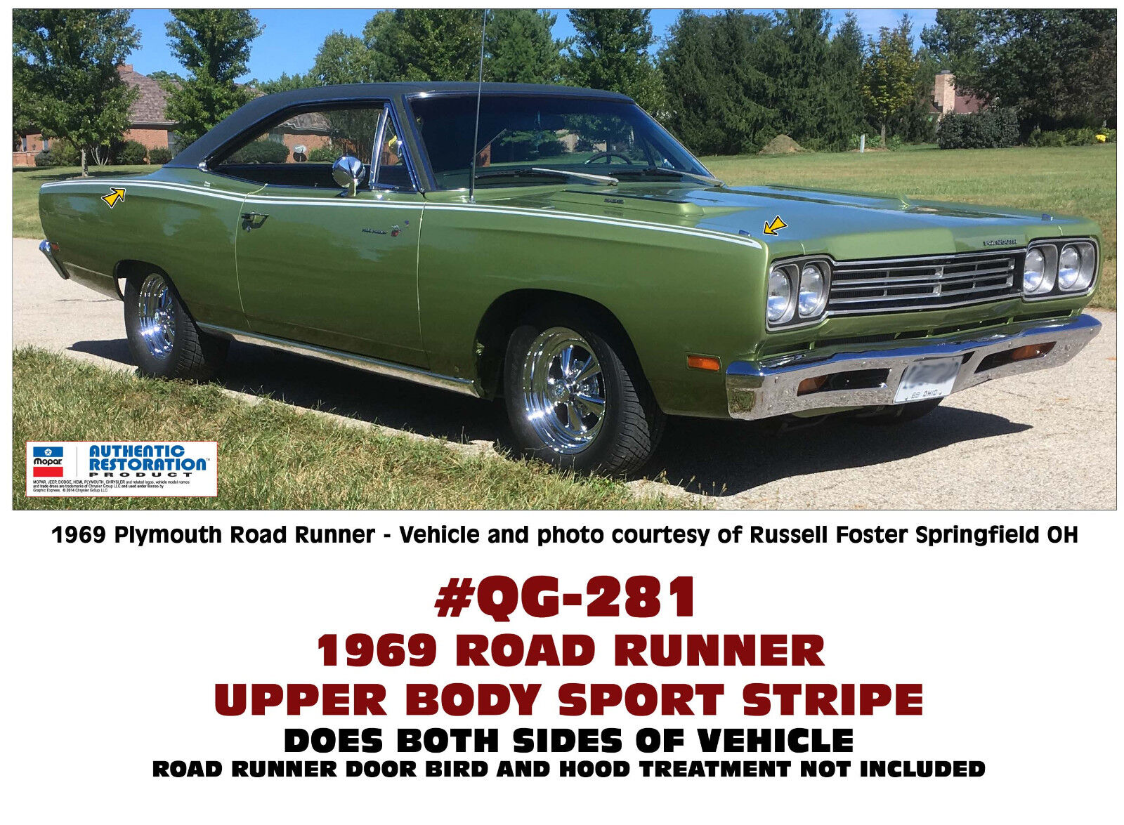 QG-281 1969 ROAD RUNNER - UPPER BODY WIDE SPORT STRIPES - DECAL - REFLECTIVE