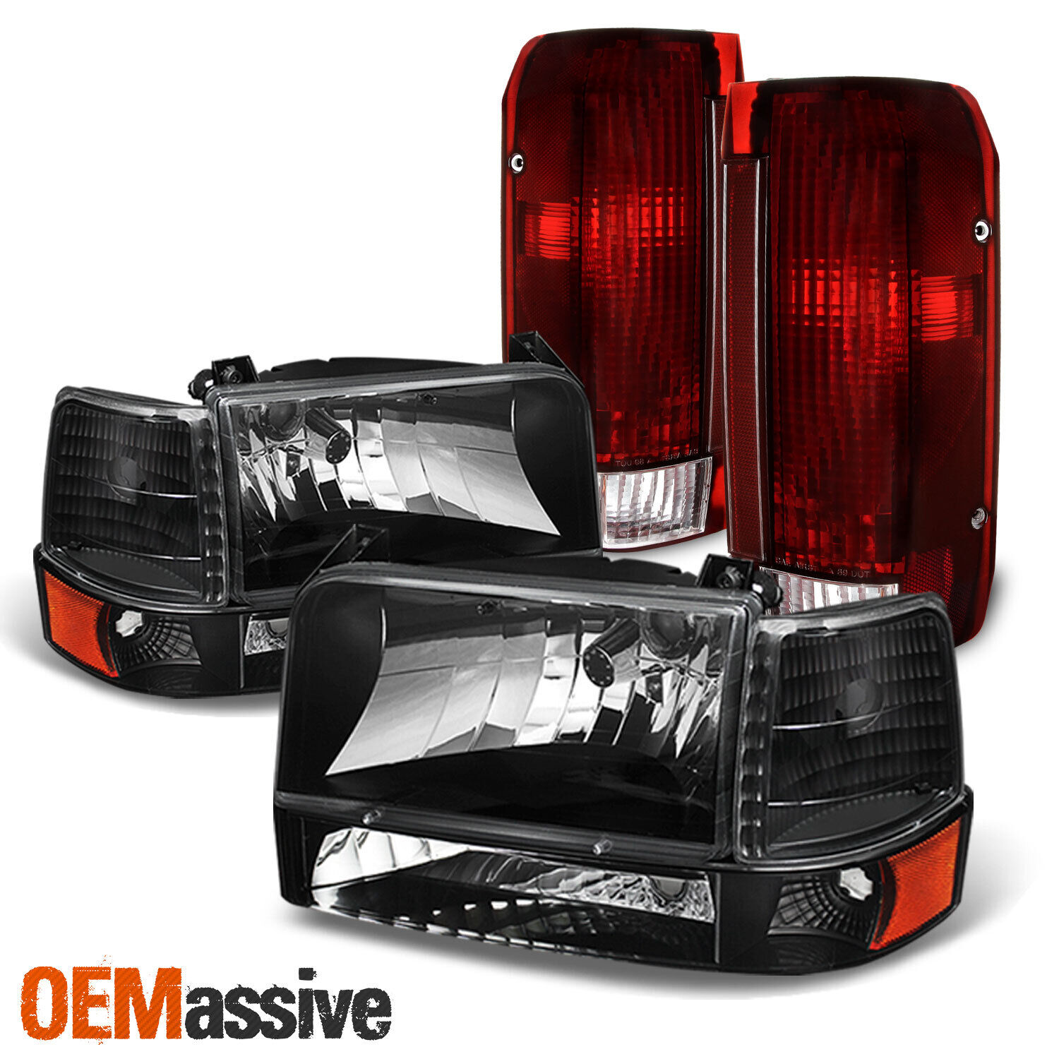 For 1992-96 Ford F150 F250 F350 Bronco Black Headlights+Dark Red Tail Lamps Pair