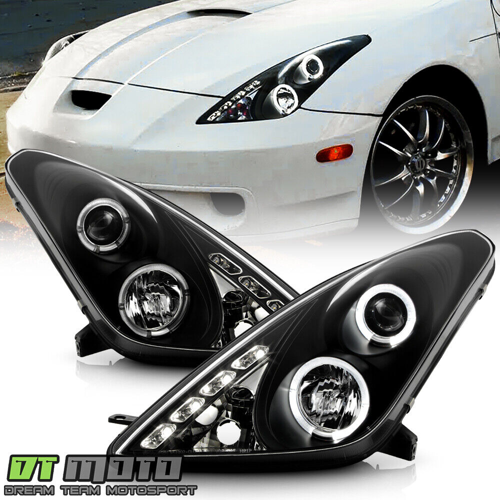 For Black 2000-2005 Toyota Celica LED Halo Projector Headlights Lamps Left+Right