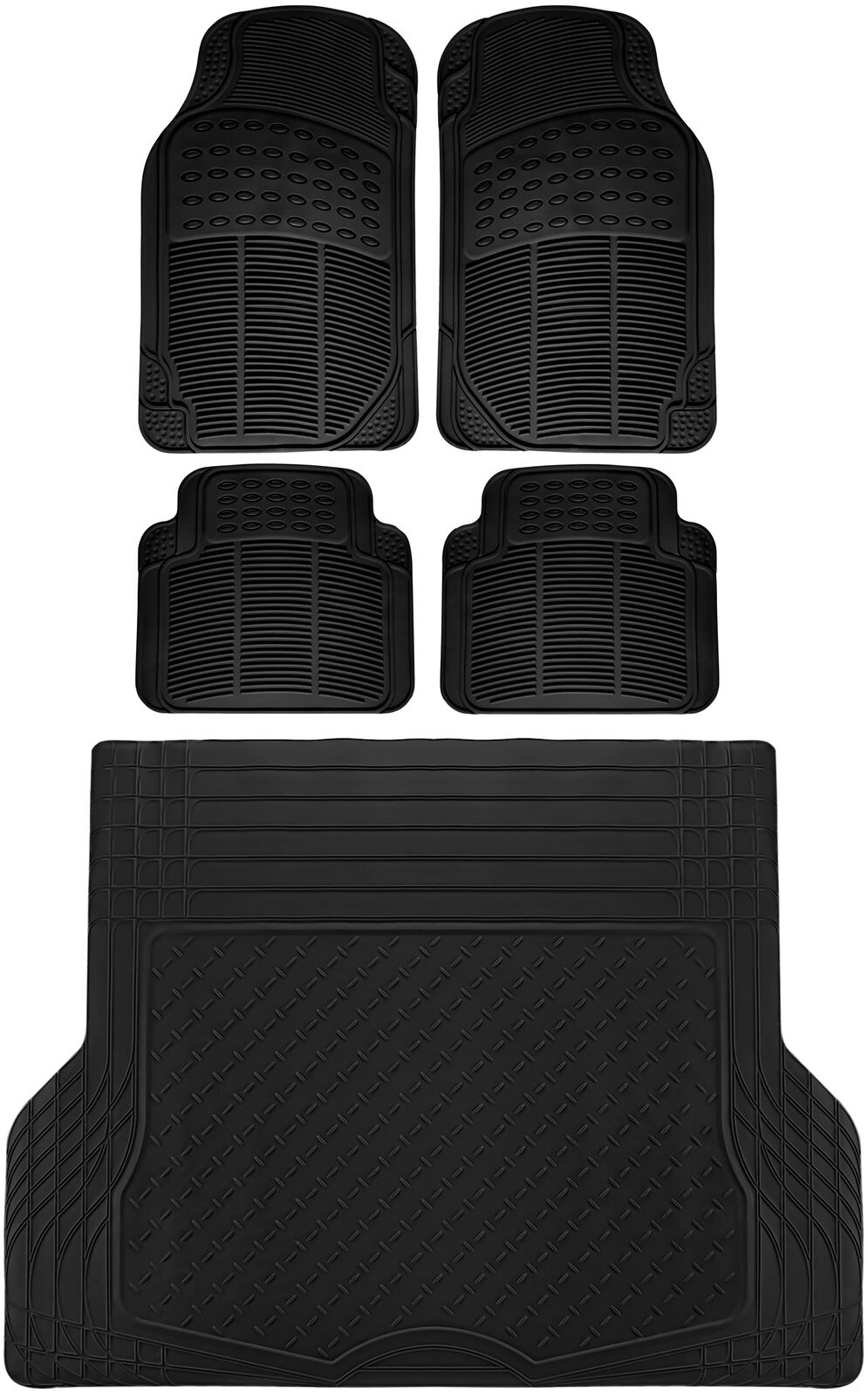 5pc All Weather Heavy Duty Rubber Universal Floor Mat Black 2 Row & Trunk Liner