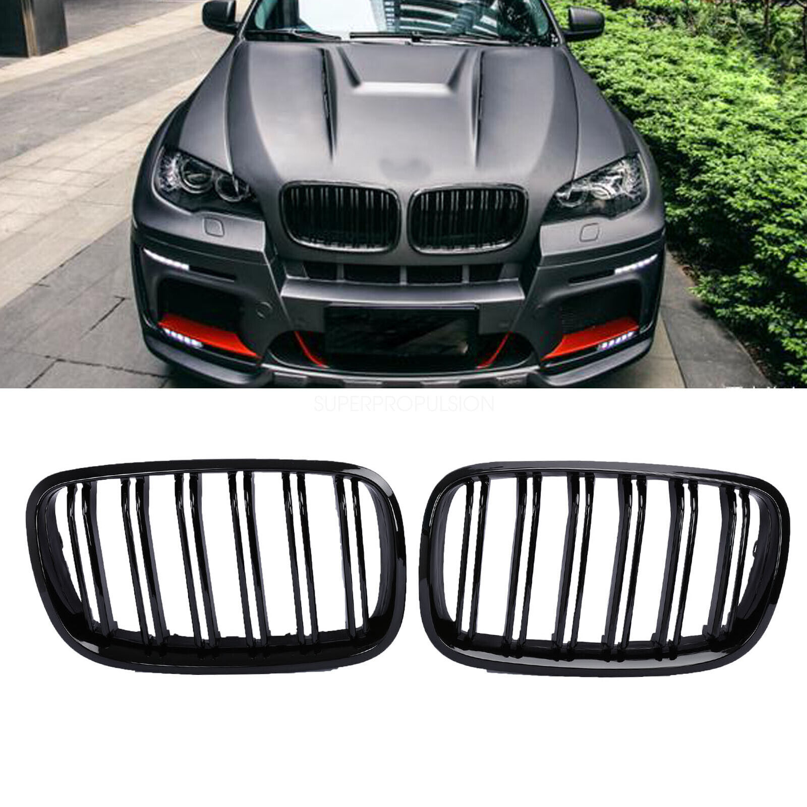 For BMW X5 E70 X6  E71 Front Bumper Kidney Grilles Grill Gloss Black Double Line