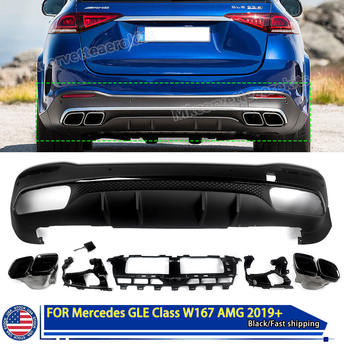 GLE63 AMG Style Rear Diffuser Valance For 2019+ Mercedes GLE W167 AMG W/ Exhaust