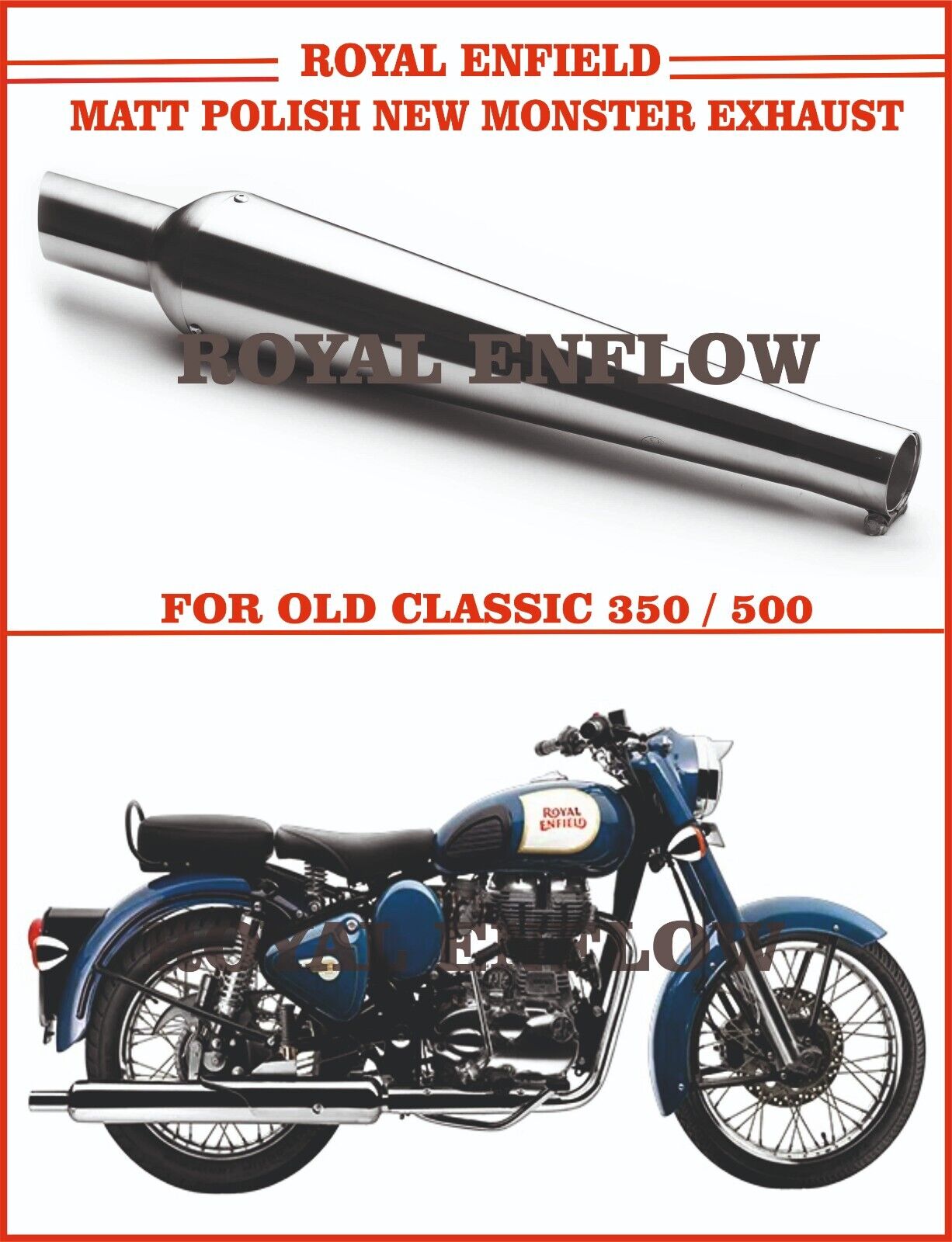 Royal Enfield Matt Polish New Monster Exhaust for Old Classic 350/500 - Exp Ship