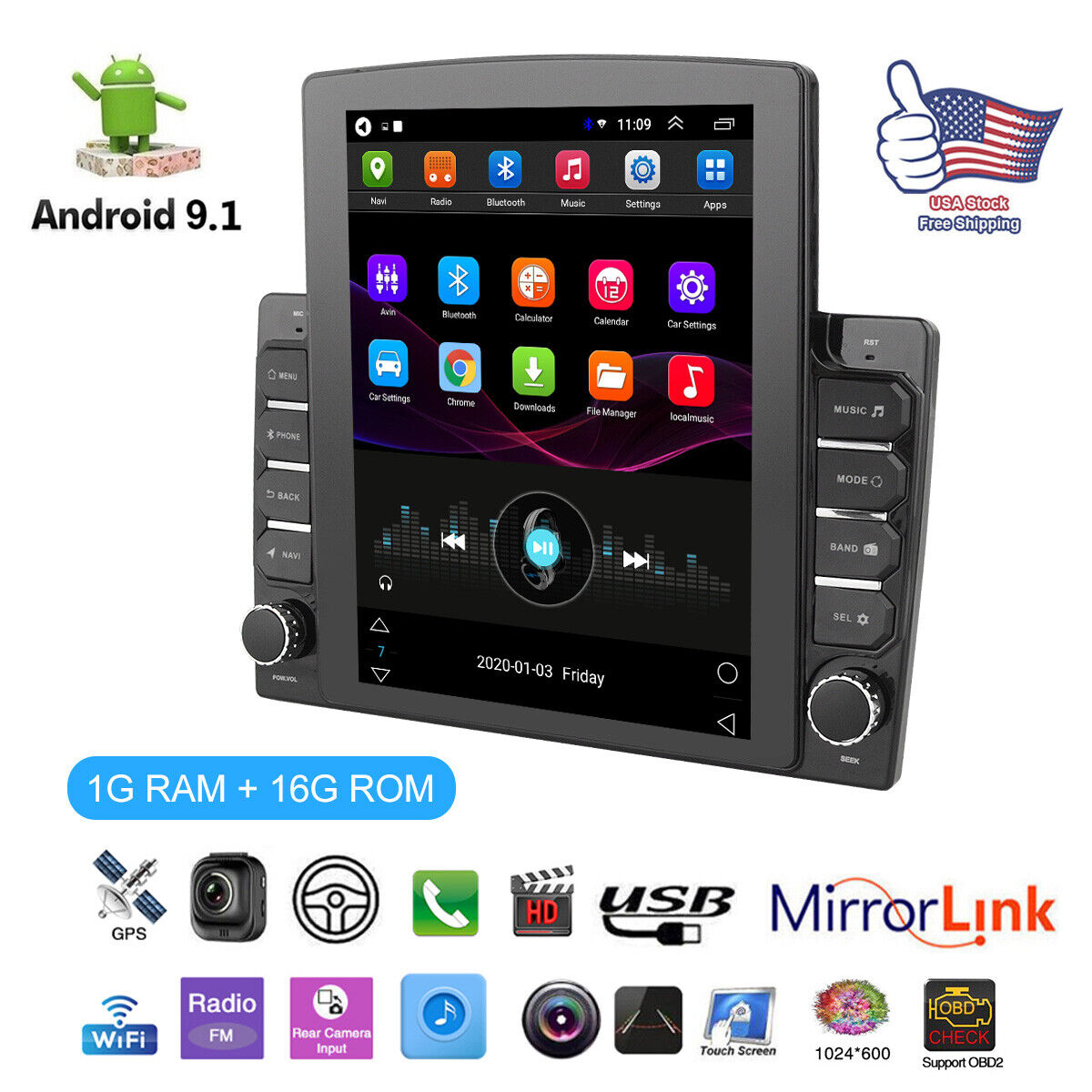 Android 9.1 Car Stereo GPS Navigation Radio Player 2Din WIFI  Hotspot 1+16G 9.7