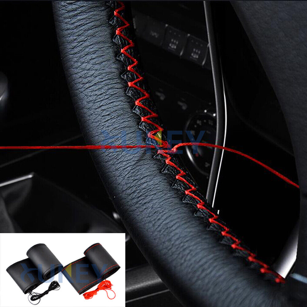 Red Genuine Leather Sport DIY Car Steering Wheel Cover With Needles Thread USA
