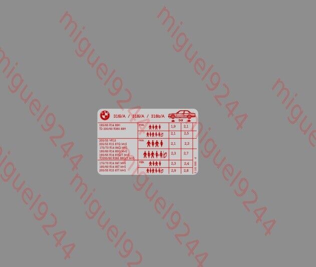 BMW e30 316i 318i 318is tire tyre pressure sticker decal