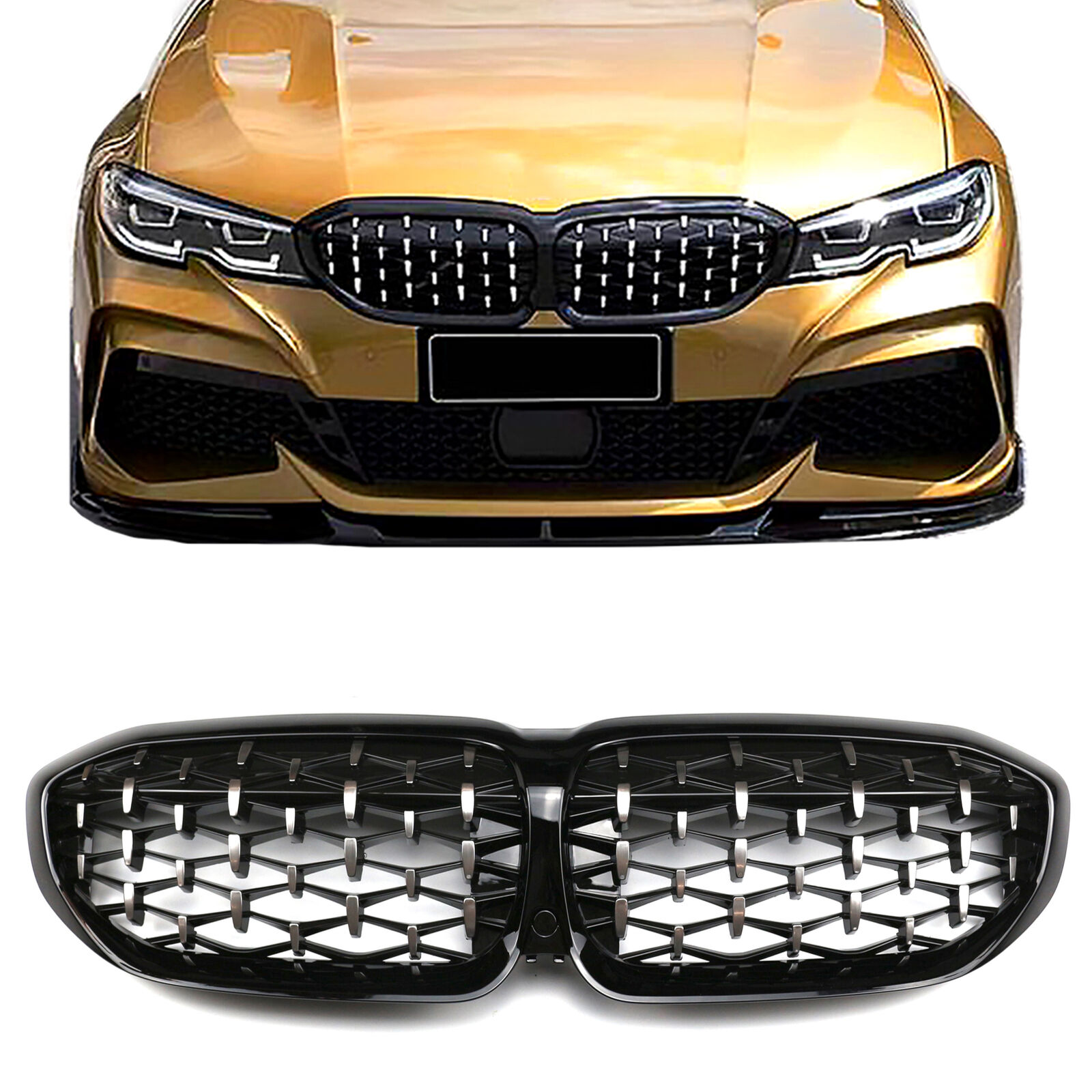 Front Kidney Grille For 2019-2022 BMW 3-Series G20 Glossy Black & Silvery Meteor