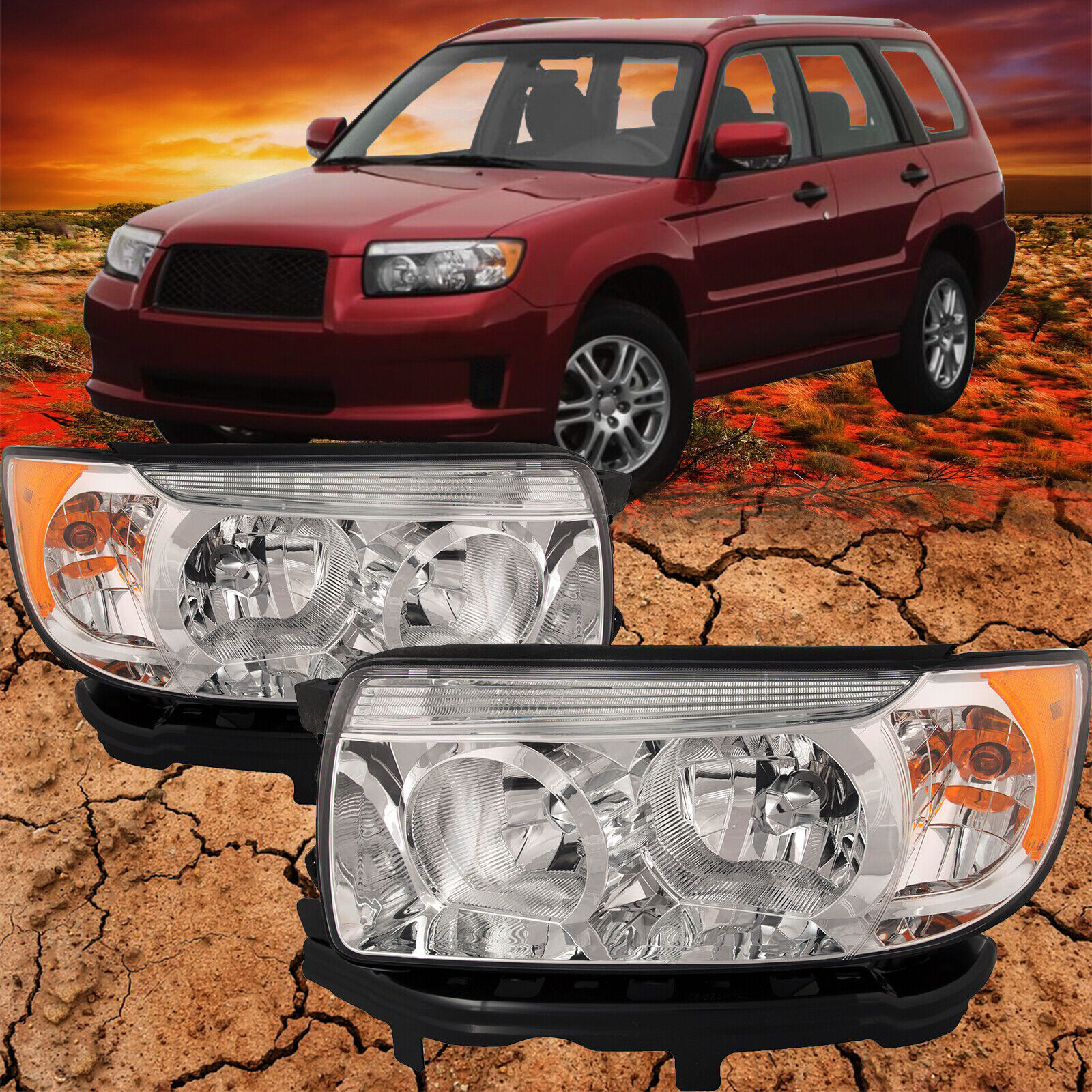 Fits 2006-2008 Subaru Forester Headlight Set Chrome Performance Lens