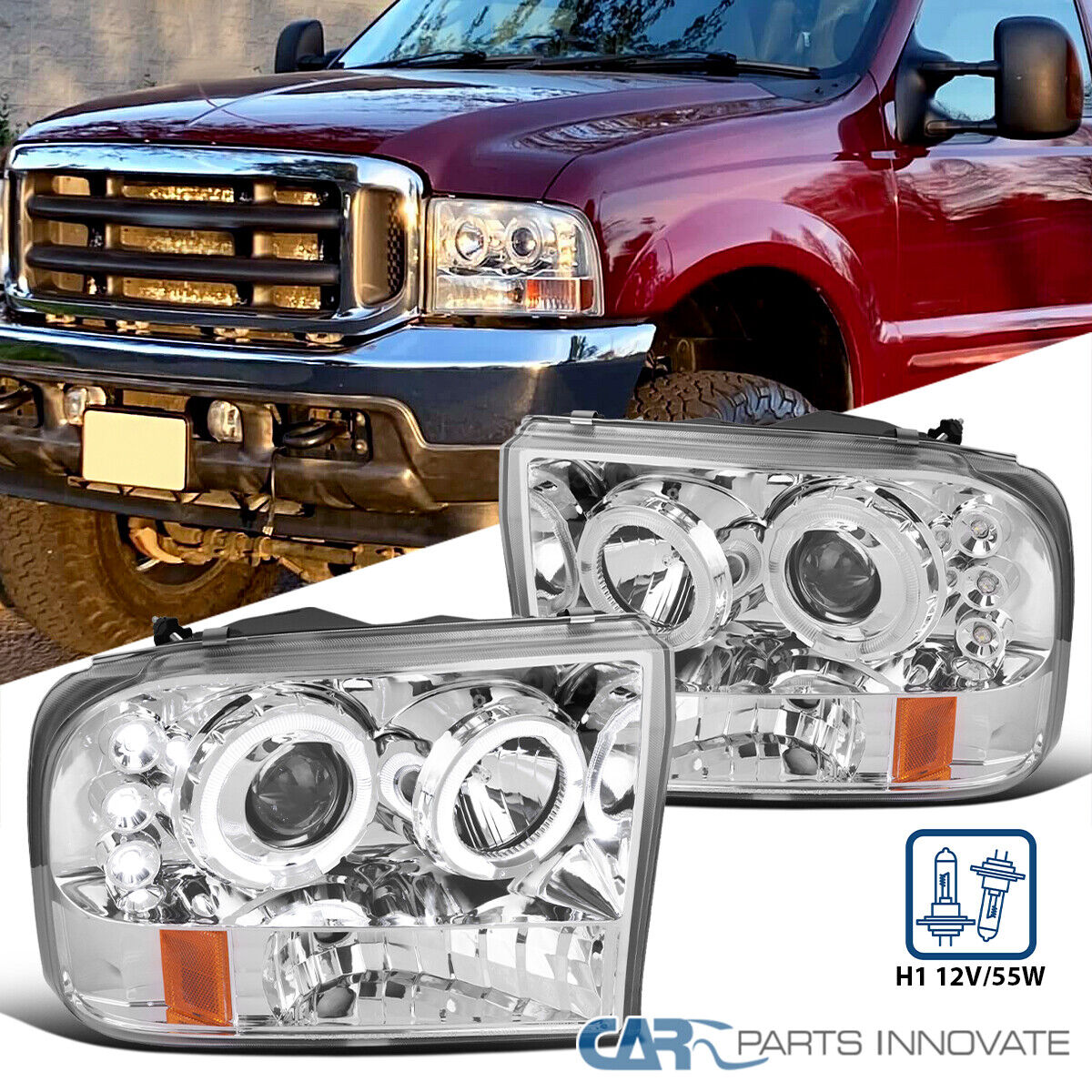 Fit 99-04 Ford F250 F350 F450 Super Duty LED Halo Clear Projector Headlights