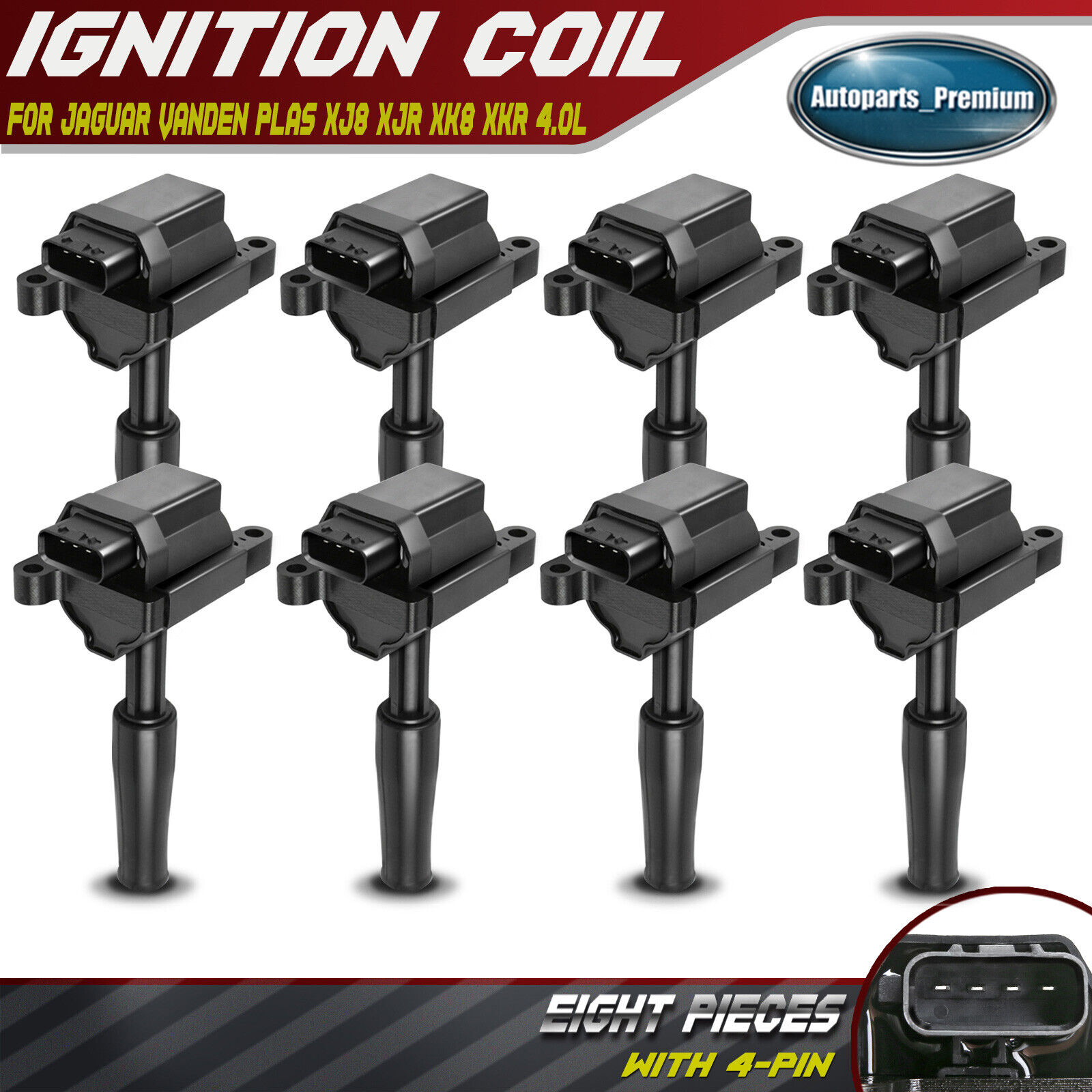 8x Ignition Coils Pack 4-Pin for Jaguar Vanden Plas XJ8 XJR XK8 XKR 1999-2003