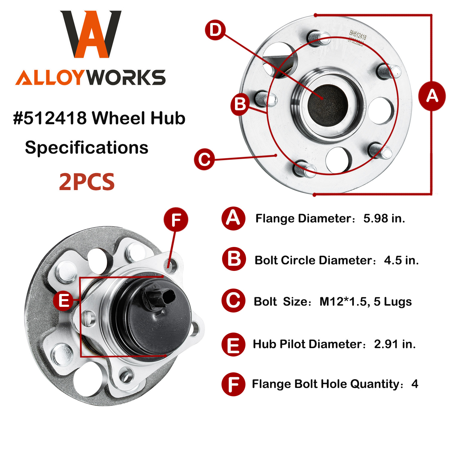 2pcs Rear Wheel Hub ＆ Bearing Assembly 5 Lugs for 2008-2015 Scion xB FWD 512418